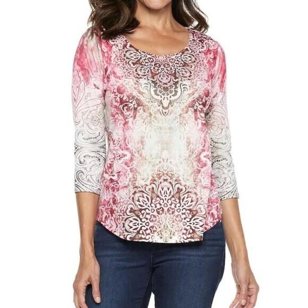 World Unity Pink Supernova Embellished Art To Wear Artsy Grunge Top Womans Sz XL